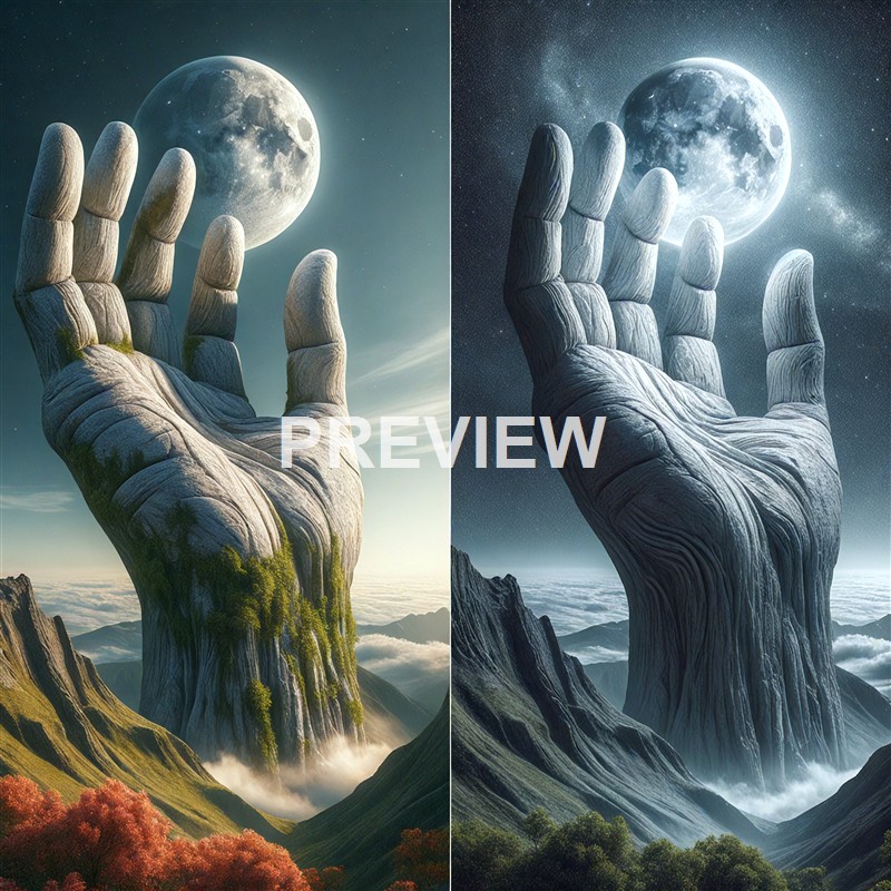 A surreal landscape featuring a giant, textured hand made of stone or wood reaching up from the ground, holding or interacting with a bright full moon in a sky filled with stars, with mountainous terrain and colorful foliage in the foreground.